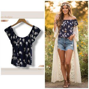 🌿Dainty Hooligan Women's Medium Navy Floral Cold Shoulder Boho Crop Top
